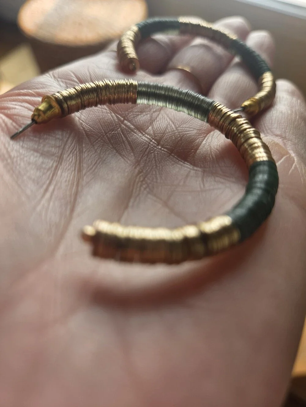 Womens Handmade Gold and Olive Green Wrapped Hoop Earrings 1.5